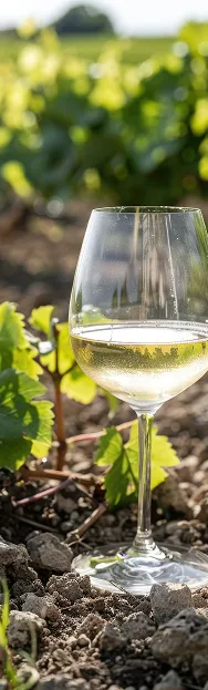 Verre de vin blanc posé entre les vignes de Quincy