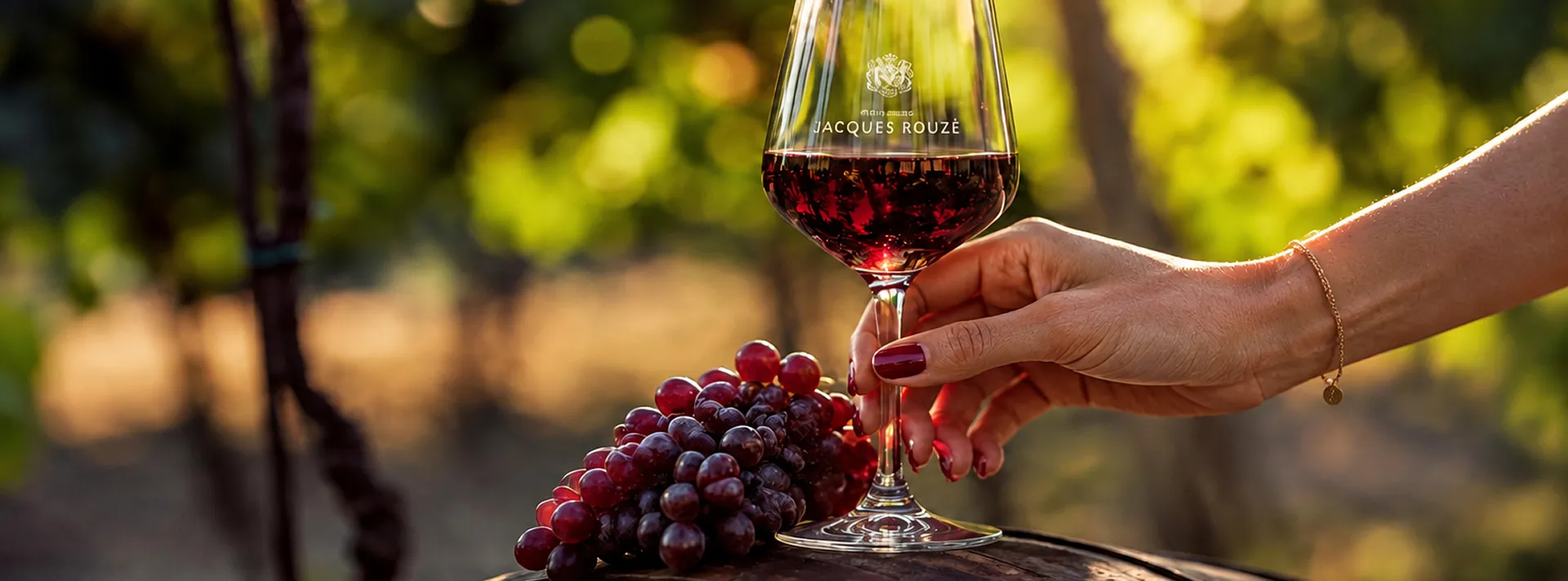 Main tenant un verre de vin rouge gravé Jacques Rouzé, posé sur un tonneau près d’une grappe de raisin