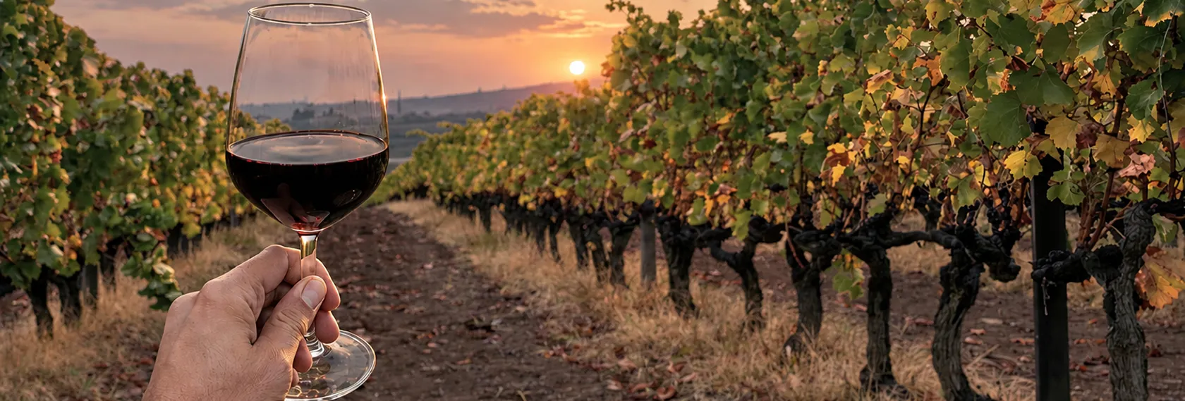Verre de vin rouge levé au coucher du soleil, entre les rangs de vigne