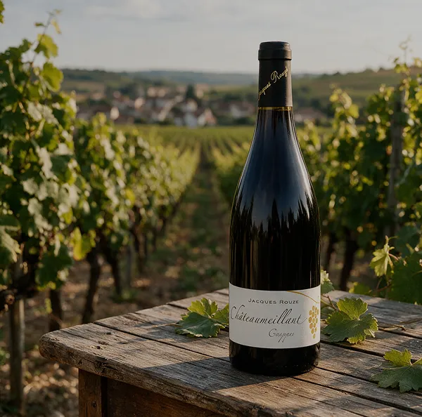 Bouteille de Châteaumeillant Jacques Rouzé sur une table en bois dans les vignes