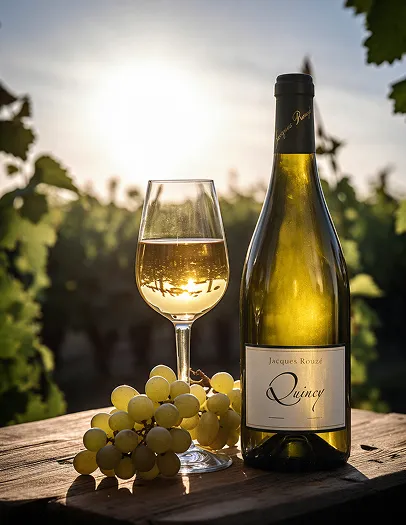 Bouteille de Quincy, verre de vin blanc et grappes au soleil couchant dans le vignoble